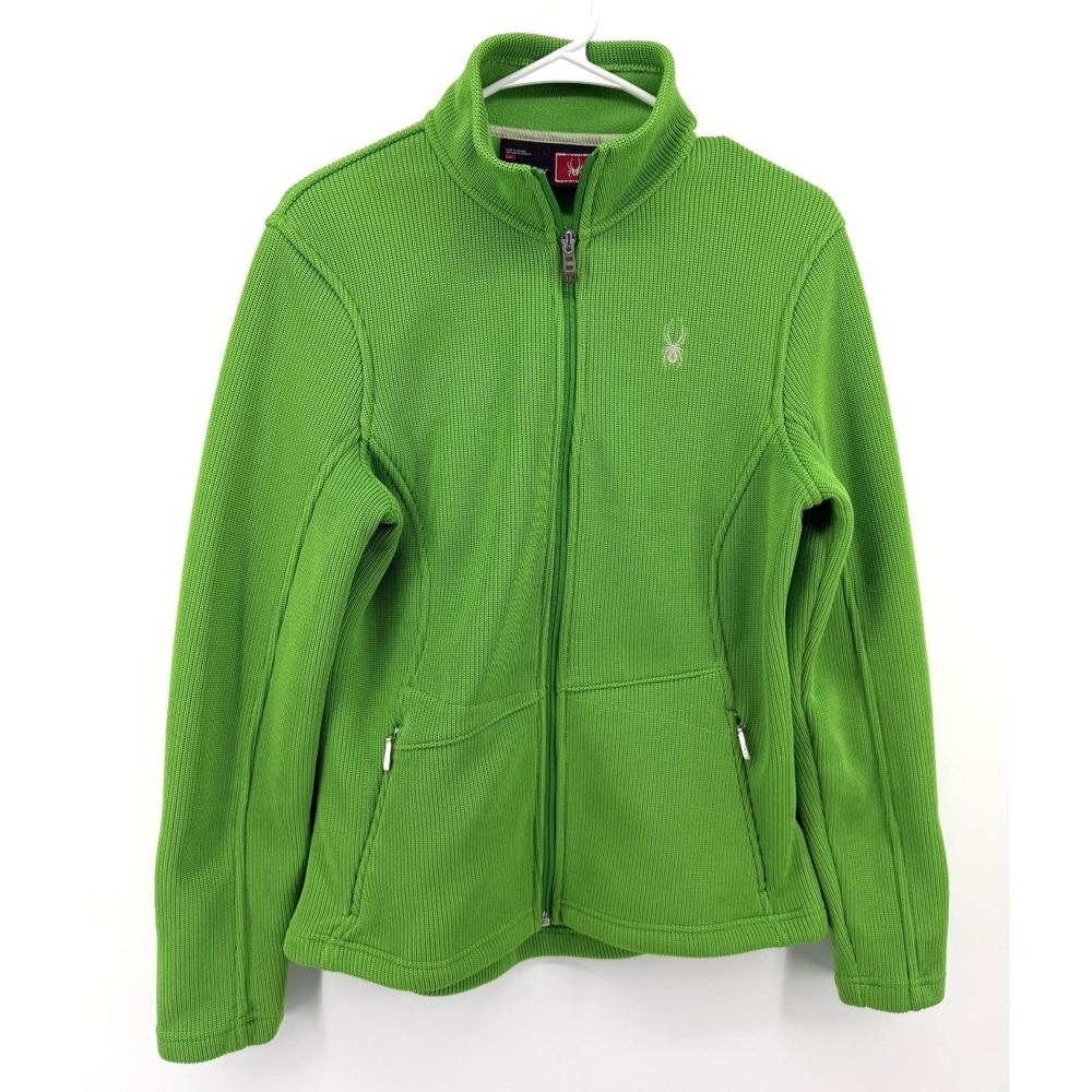 Spyder M Core Sweater Full Zip Green Waffle Knit Jacket Fleece Lined Women L EUC